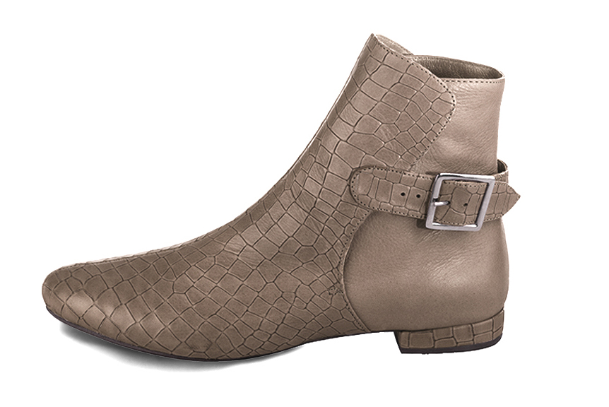 Bronze beige women's ankle boots with buckles at the back. Round toe. Flat block heels. Profile view - Florence KOOIJMAN